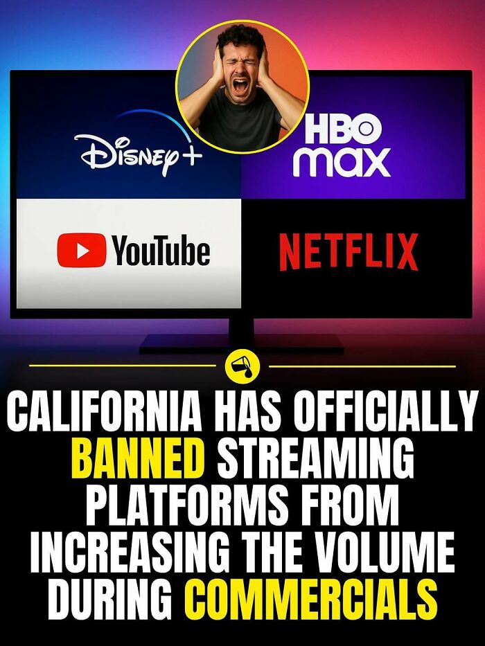 TV screen showing Disney Plus, HBO Max, YouTube, Netflix logos with text about banned streaming volume during commercials.