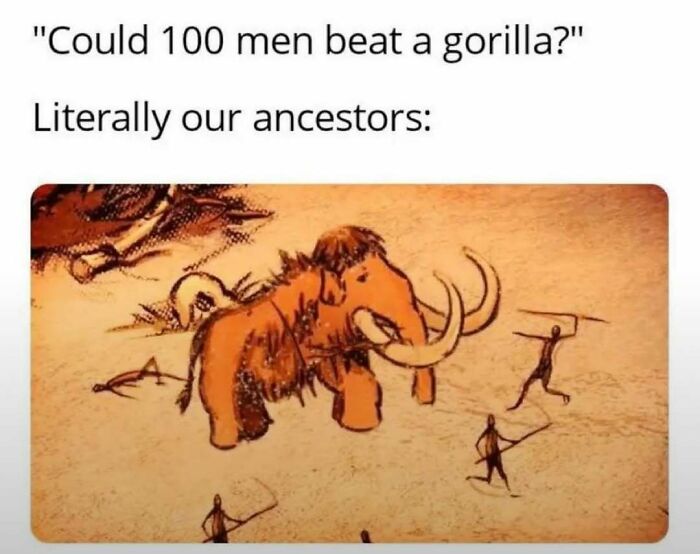 Cavemen hunting a mammoth in a meme illustrating ancient ancestors for laughgorithm perfect memes collection.