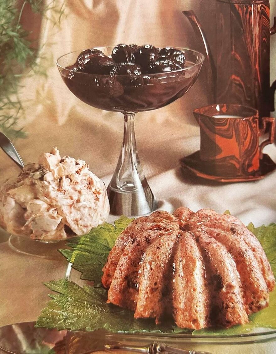 Vintage recipes showing a molded dessert, whipped salad, and preserved fruit in a retro dining setting with classic dishware.