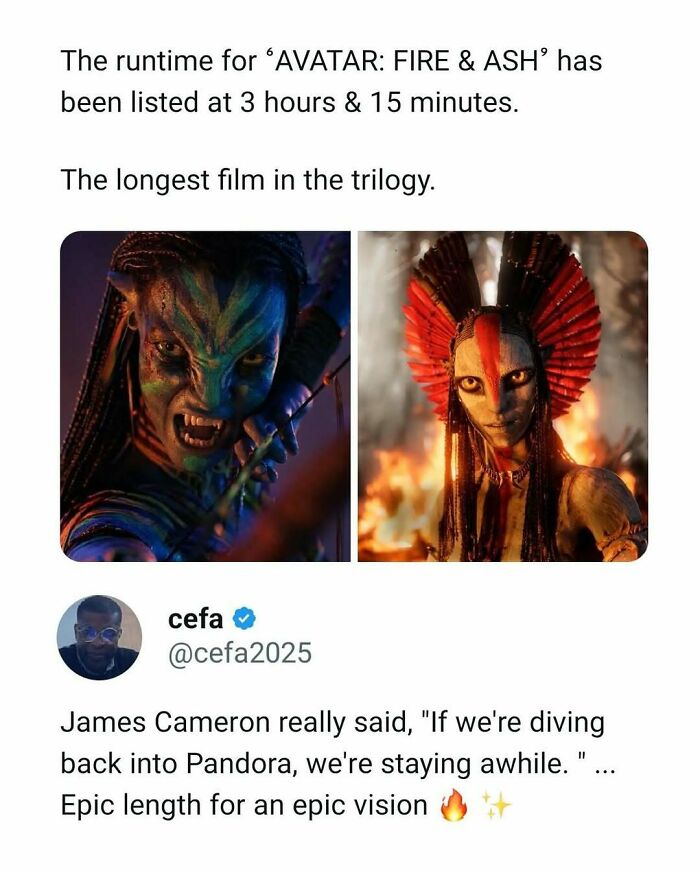 Movie memes highlighting Avatar Fire & Ash runtime with epic length and James Cameron's vision for Pandora trilogy.