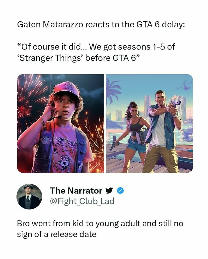 Gaten Matarazzo meme on GTA 6 delay with Stranger Things reference, highlighting funny movie memes and posts about film delays.