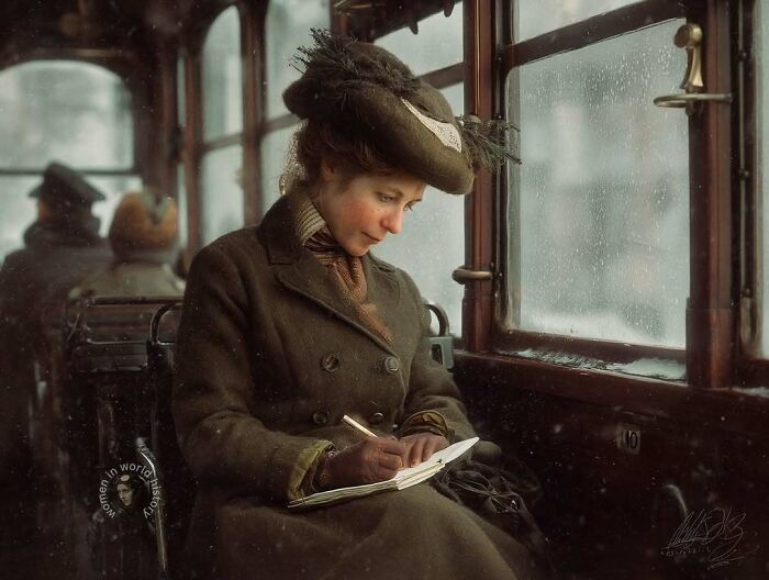 Young woman writing in a notebook on a vintage tram, representing overlooked women in history and their achievements.