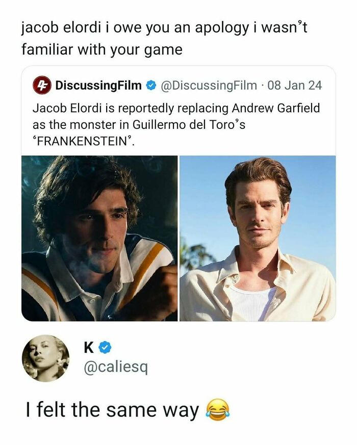 Funny movie meme about Jacob Elordi replacing Andrew Garfield in Guillermo del Toro's Frankenstein role.