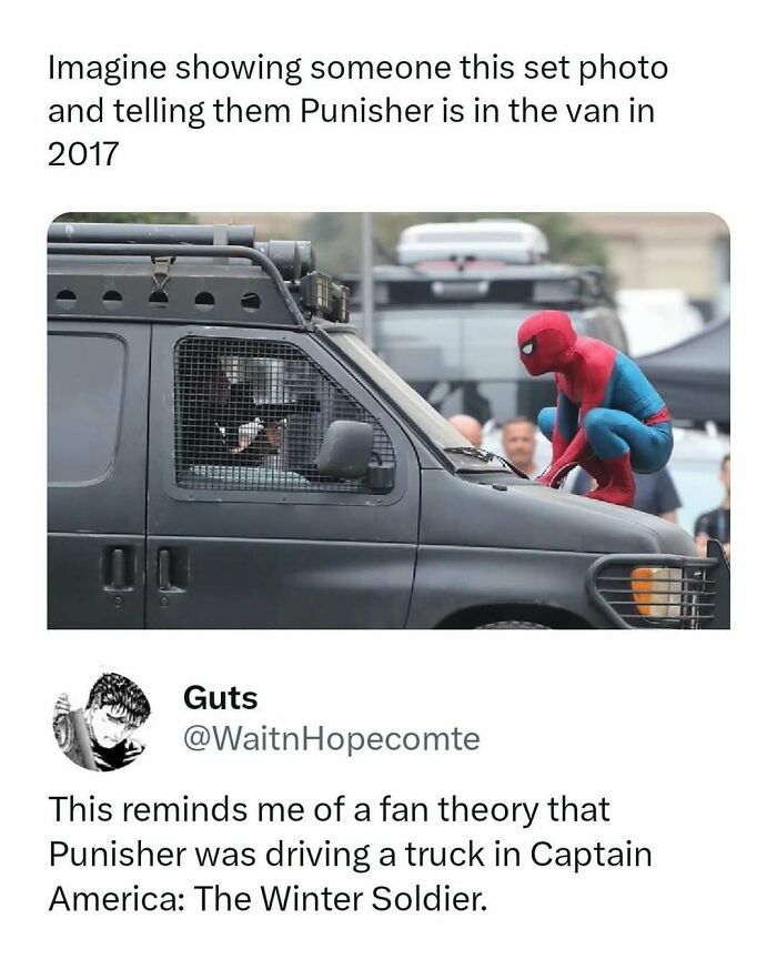 Punisher fan theory meme with Spider-Man on van, shared among funny and interesting movie memes that hit harder.
