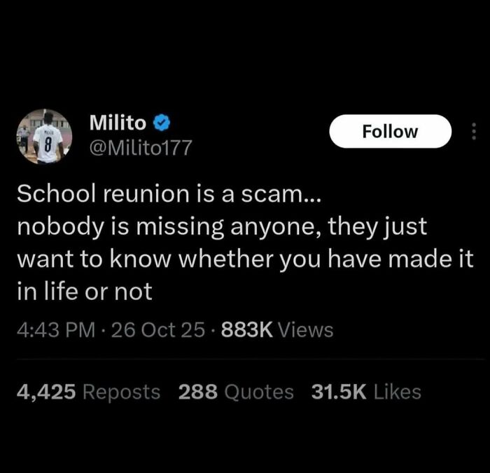 Screenshot of a humorous tweet about school reunions, featured in a collection of perfect memes from Laughgorithm.