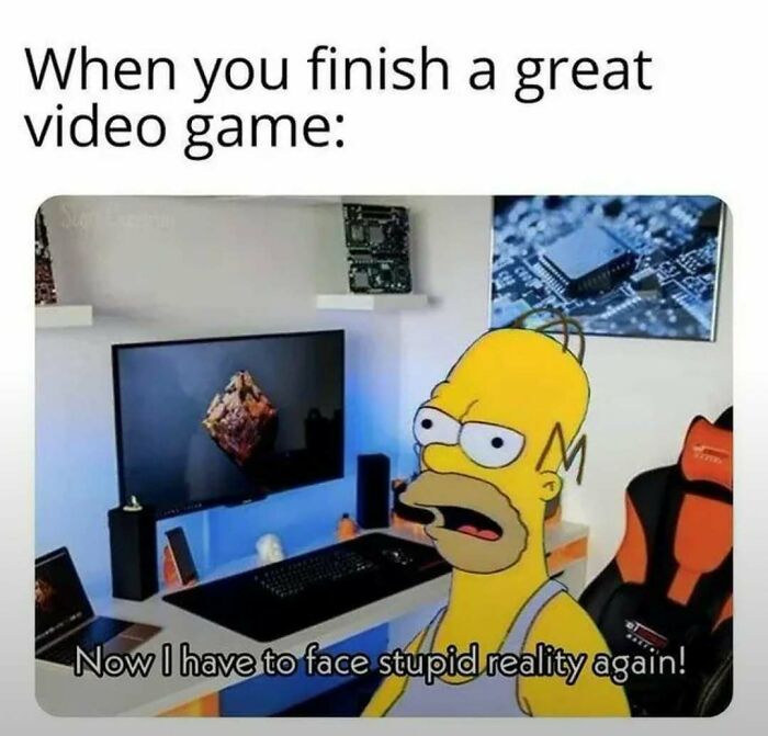 Homer Simpson meme expressing frustration after finishing a great video game, featured in Laughgorithm perfect memes collection.