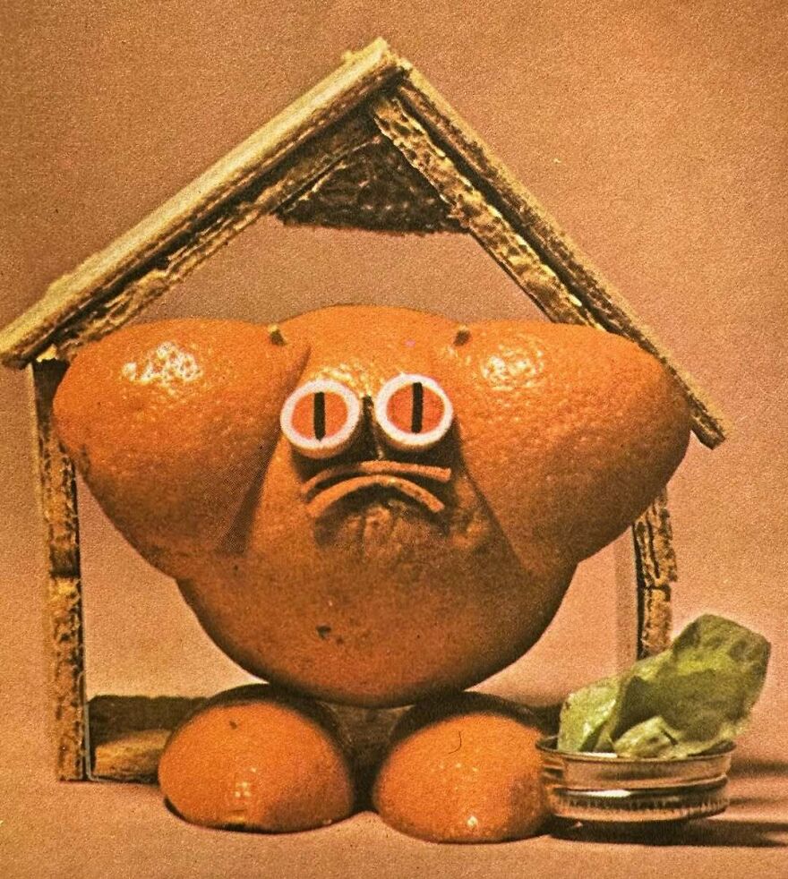 Orange fruit creature with candy eyes and vintage cracker house, illustrating bizarre vintage recipes from the past.