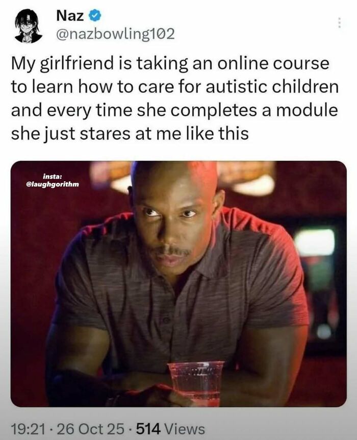 Man sitting in a dimly lit bar looking serious, featured in a meme shared by Laughgorithm about caring for autistic children.