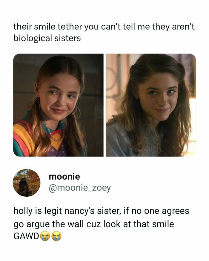 Two young female characters smiling similarly in a funny movie meme about sibling resemblance and smiles.