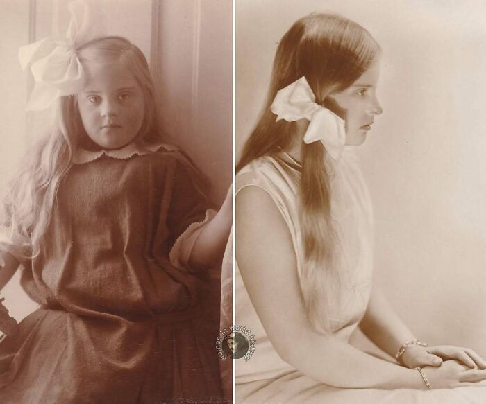 Two vintage portraits of a woman with long hair and large bows, illustrating overlooked women in history and their achievements.