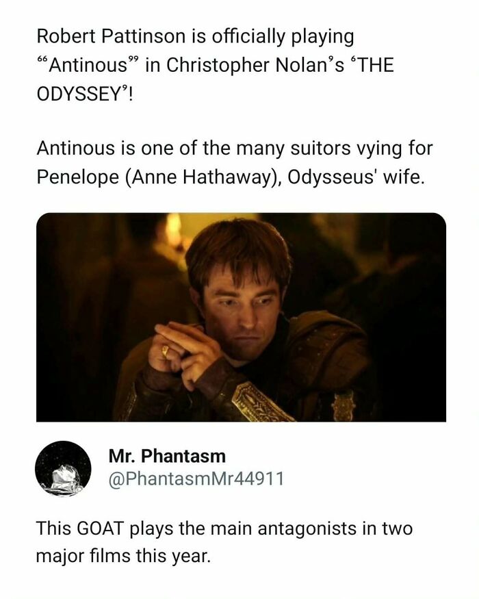 Robert Pattinson playing Antinous in a movie scene, shown in a funny and interesting movie meme format.