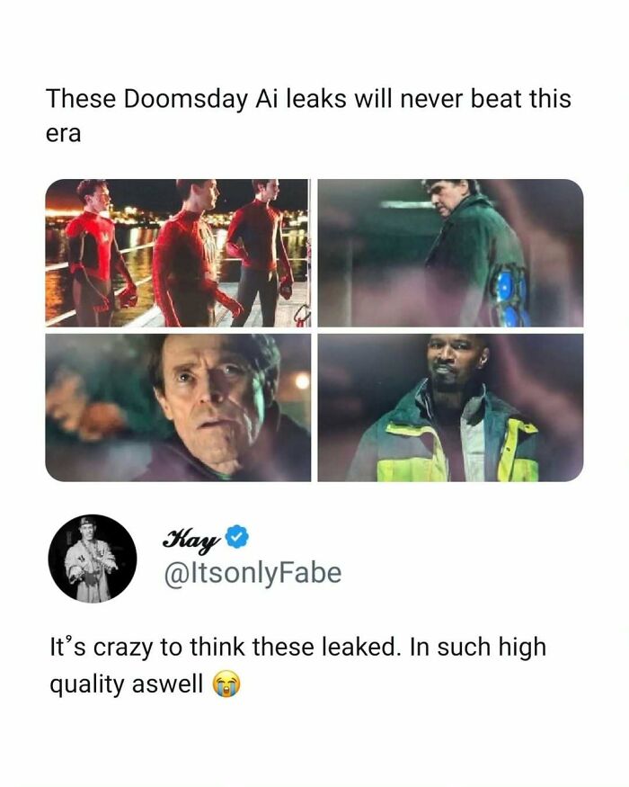 Four movie stills in a funny movie memes post discussing high quality leaked scenes from popular films.