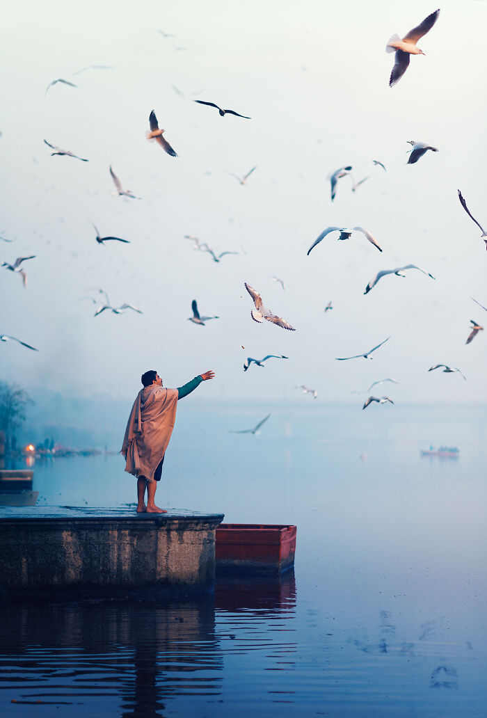 Person standing by the water feeding birds with outstretched arm in a serene street photography scene around the world.