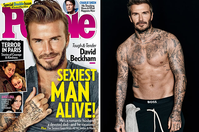 David Beckham featured on People magazine as Sexiest Man Alive winner, showing tattoos and athletic physique.