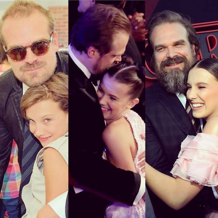Millie Bobby Brown and David Harbour sharing warm moments, highlighting their complex 10-year relationship amid harassment claims.