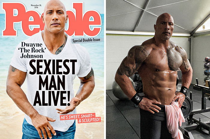 Dwayne The Rock Johnson featured as Sexiest Man Alive winner with muscular physique and tattoos in gym and magazine cover.