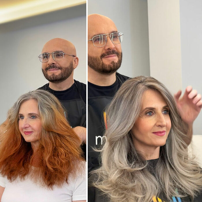 Celebrity hair colorist Jack Martin showcasing a stunning gray hair transformation on a middle-aged woman.