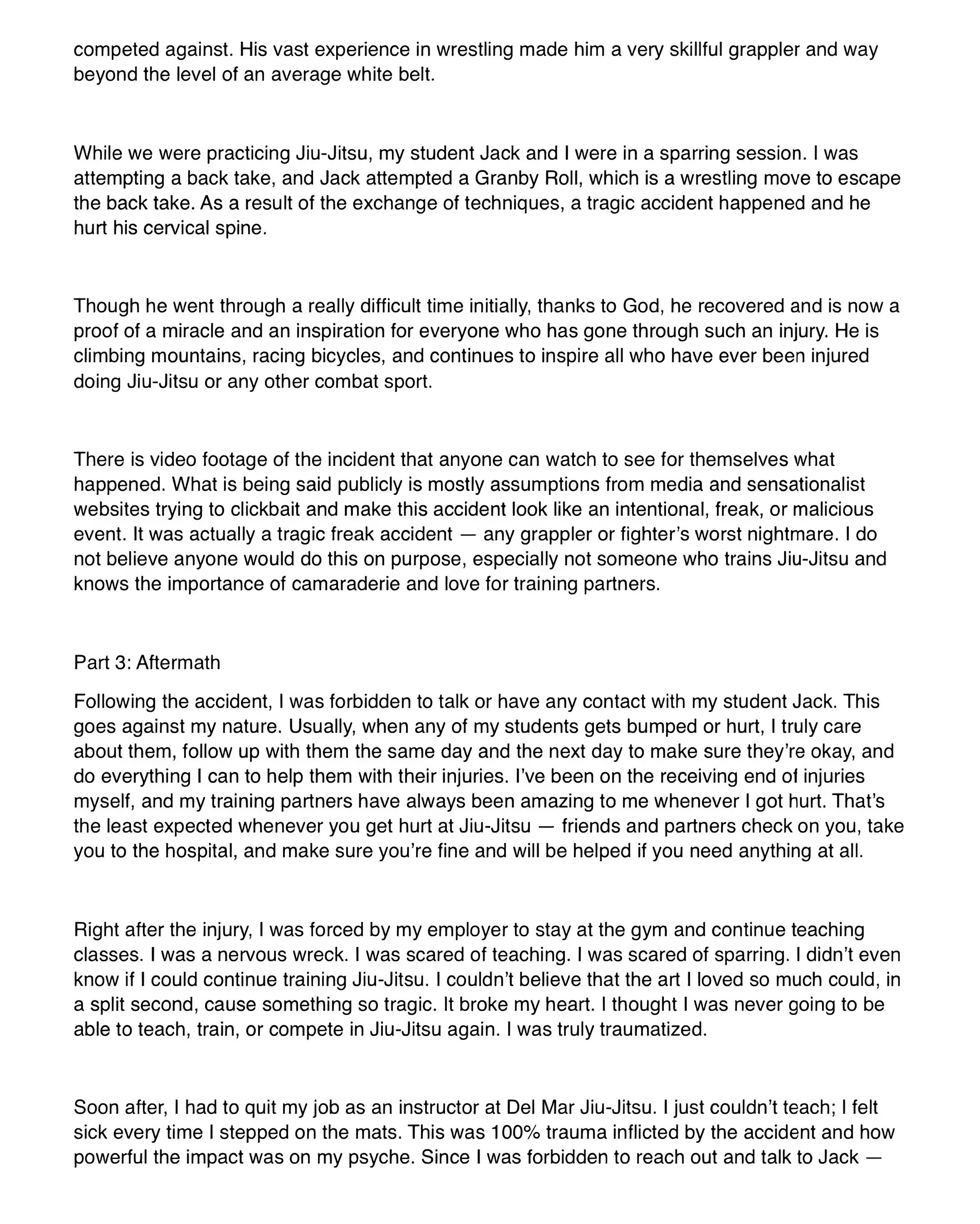 Close-up of a written statement by a Jiu-Jitsu trainer detailing a tragic freak accident paralyzing a student during sparring.