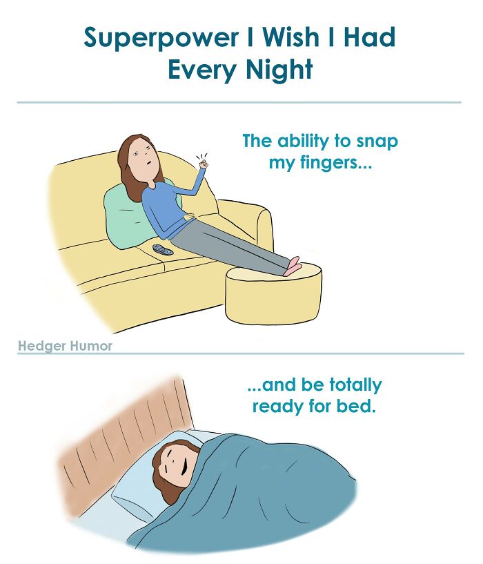 Parent in relatable comic wishing for a superpower to instantly be ready for bed, highlighting struggles of raising kids.