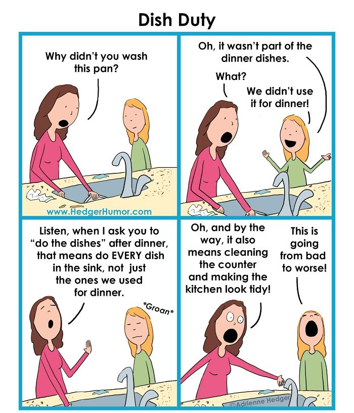 Comic strip showing a mom reminding her child about dish duty, highlighting relatable joys and struggles of raising kids.