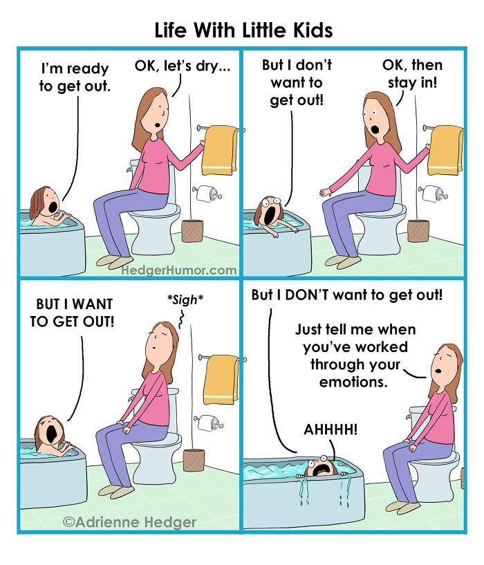Comic showing relatable struggles of raising kids with a child in a bath and parent on the toilet discussing emotions.