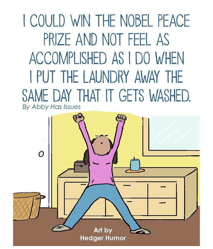 Relatable comic showing the joys and struggles of raising kids with a parent feeling accomplished after laundry.