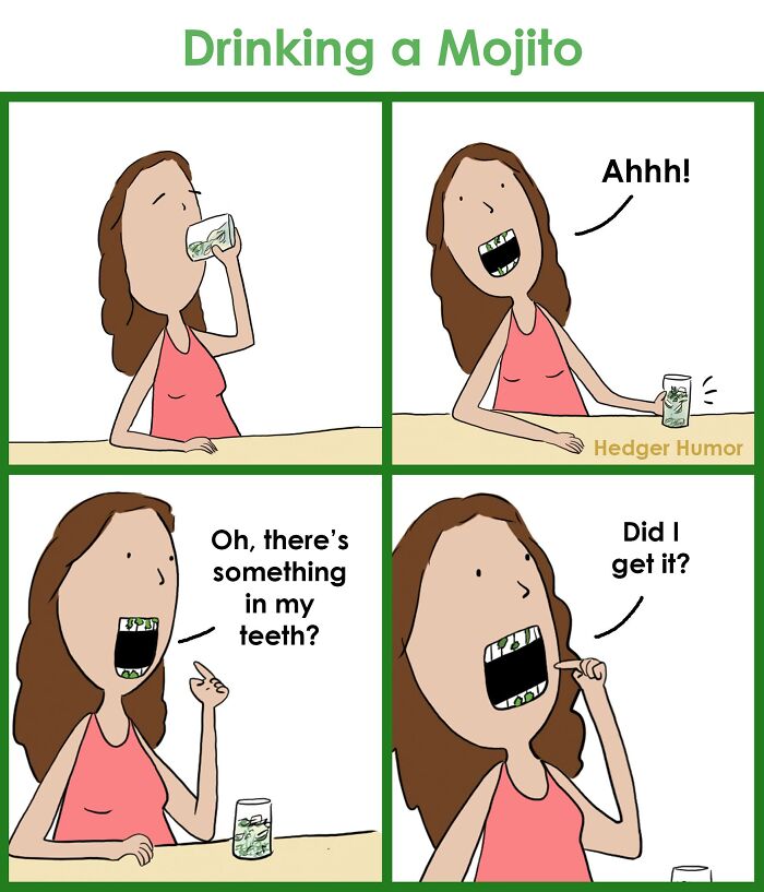 Comic panels showing a relatable moment about parenting struggles with a mom drinking a mojito and finding mint leaves in her teeth.