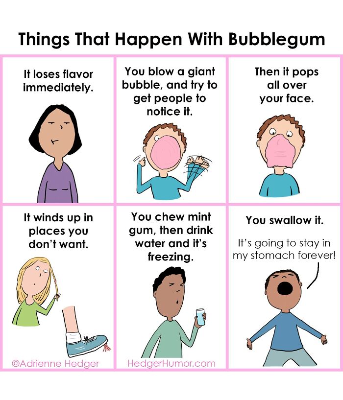 Comic panels showing funny and relatable moments about bubblegum, capturing struggles of raising kids humorously.