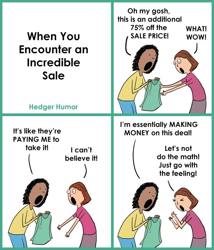 Relatable comic strip showing two women excited about an incredible sale, highlighting joys and struggles of raising kids.