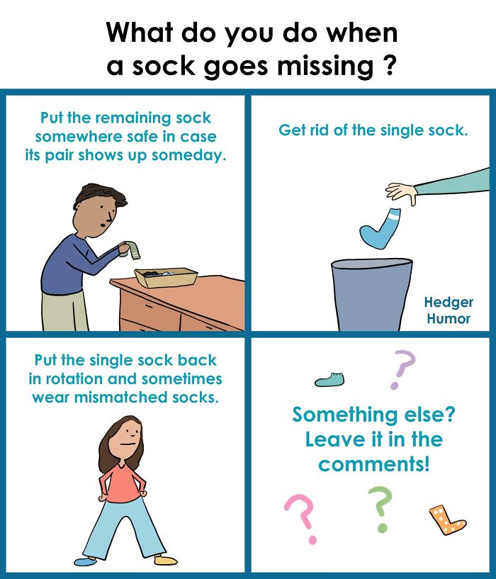 Comic about the joys and struggles of raising kids showing different ways to handle a missing sock in daily life.