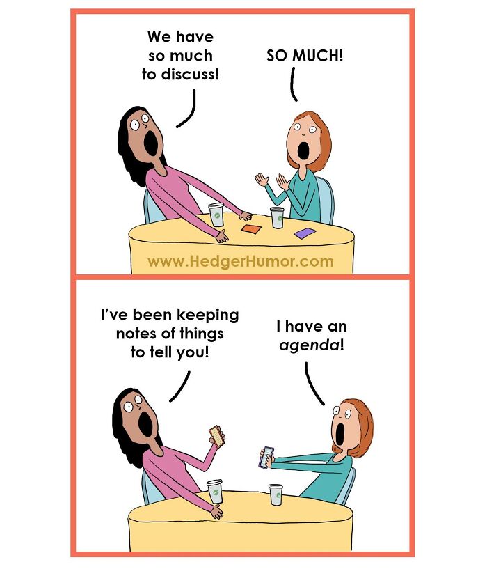 Two women animated in a comic discussing plans and notes, highlighting relatable struggles of raising kids with humor.