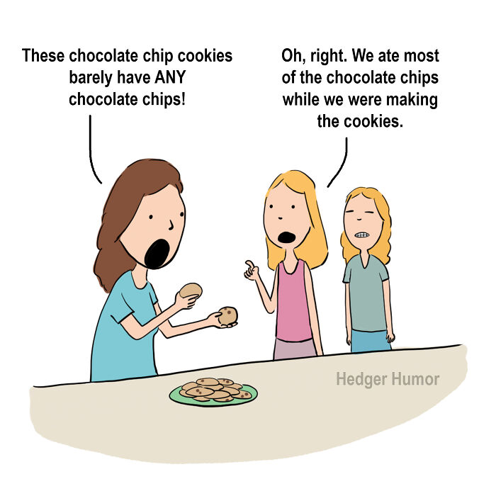 Comic showing the struggles of raising kids as a mother discovers cookies have few chocolate chips left.