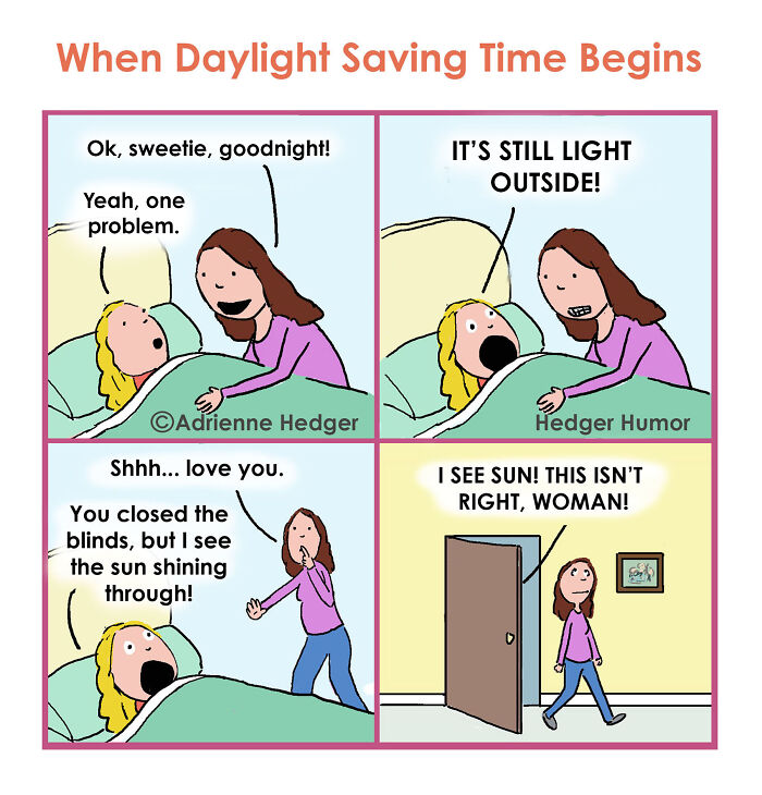Comic strip showing a mom and child struggling with bedtime during daylight saving time in relatable parenting moments.
