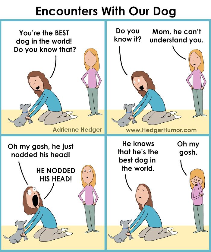 Comic strip showing relatable family moments with a dog, highlighting the joys and struggles of raising kids through humor.