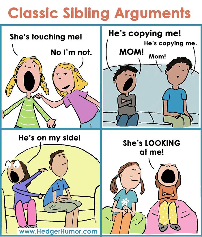 Comic illustrating classic sibling arguments, capturing the relatable joys and struggles of raising kids in daily life.