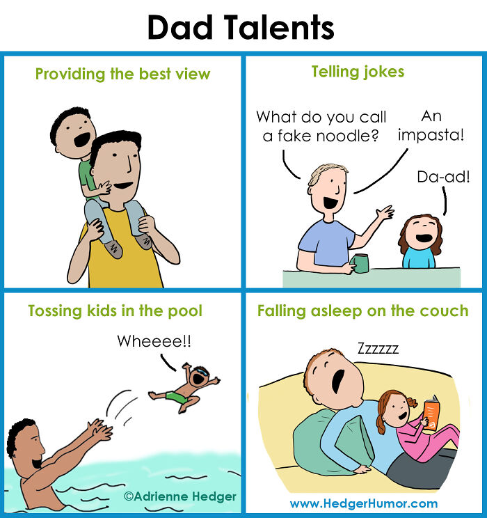 Comic panels showing relatable dad talents with kids, highlighting joys and struggles of raising kids in humorous scenes.