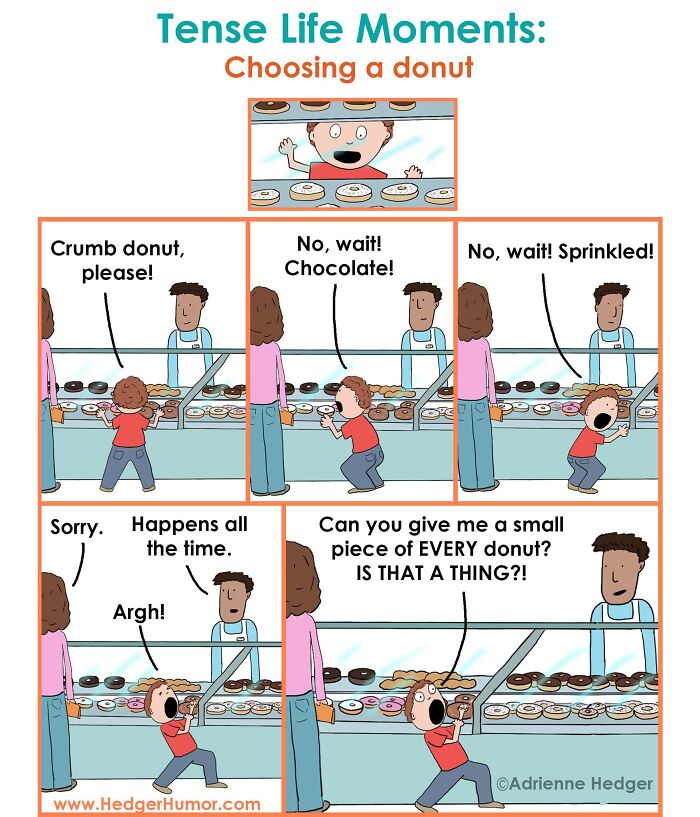 Child struggling to choose a donut at a bakery, illustrating relatable struggles of raising kids in daily life.
