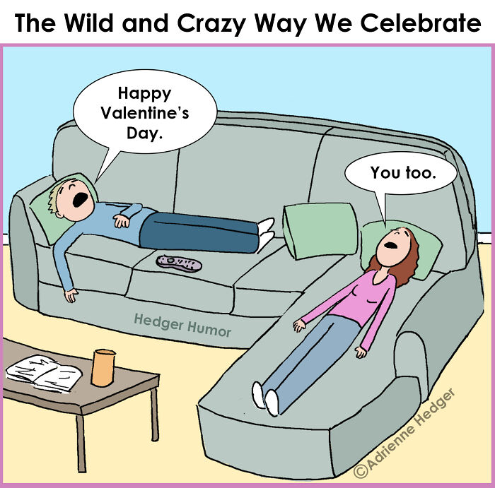 Couple exhausted on couch exchanging Valentine’s Day greetings, capturing relatable joys and struggles of raising kids in comic style.