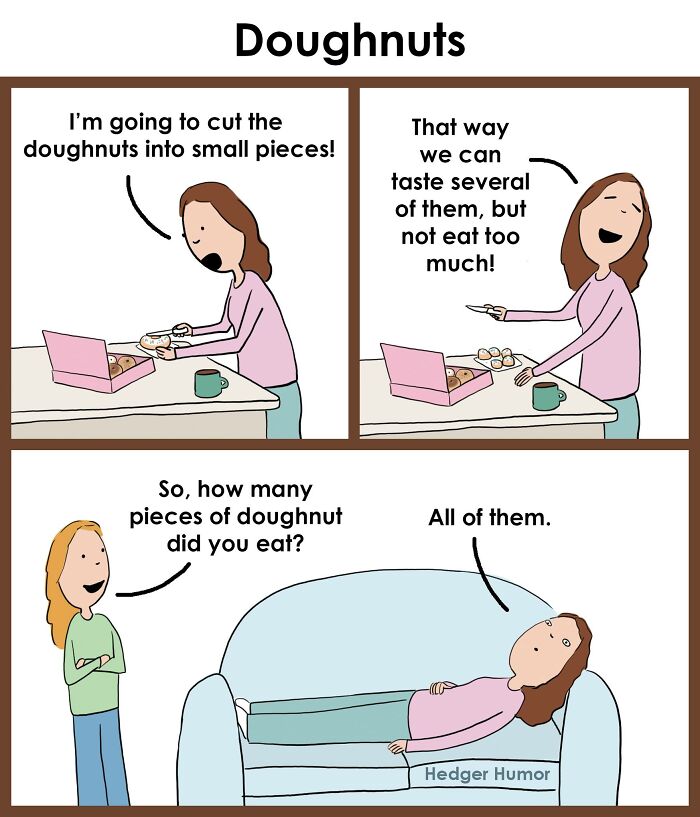 Comic about the joys and struggles of raising kids showing a mom cutting doughnuts to share but ends up eating them all.