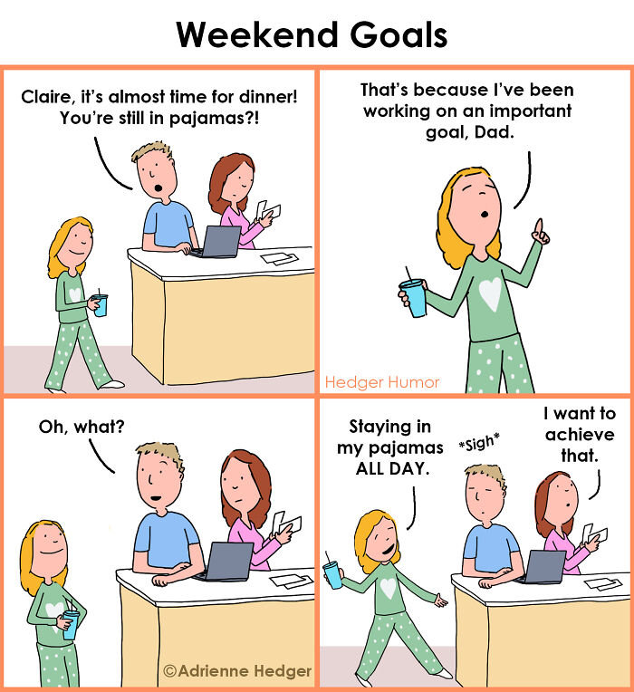 Relatable comic showing joys and struggles of raising kids with pajamas, family time, and weekend goals humor.