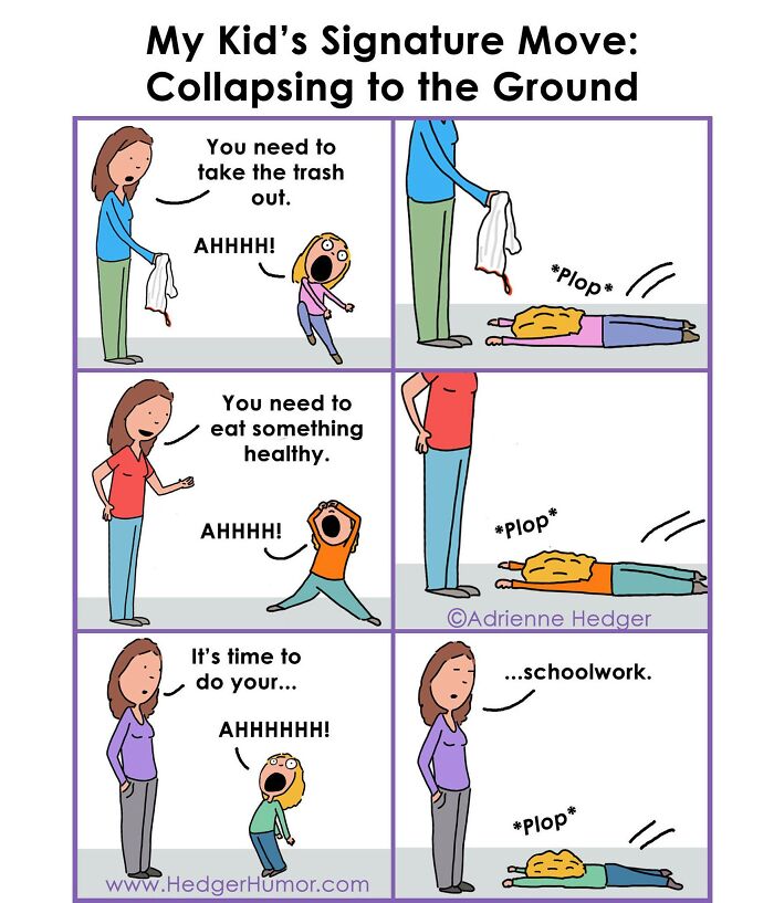 Comic showing relatable struggles of raising kids with kids dramatically collapsing to the ground when told to do chores or schoolwork.