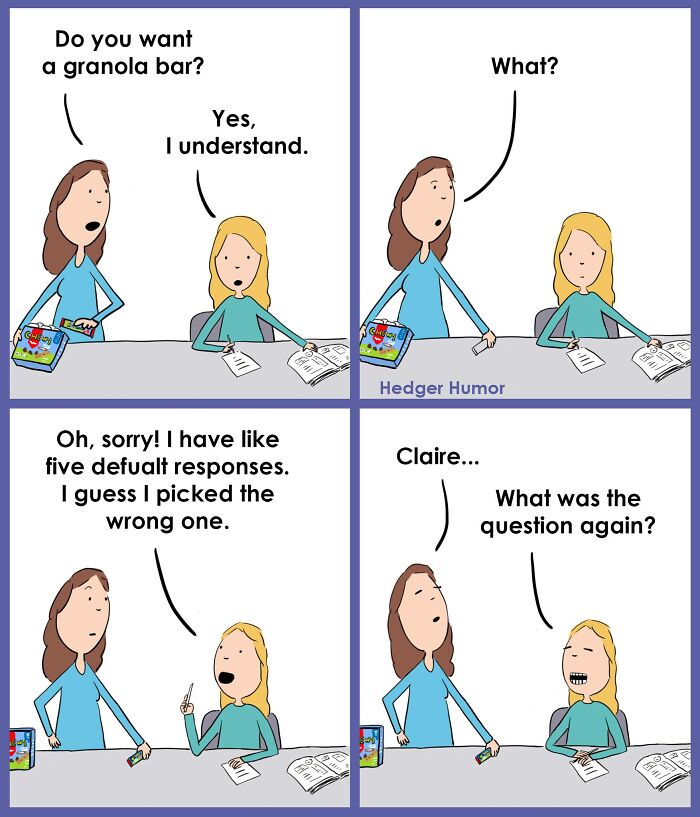 Comic strip showing a humorous conversation between a mother and child about misunderstandings when raising kids.