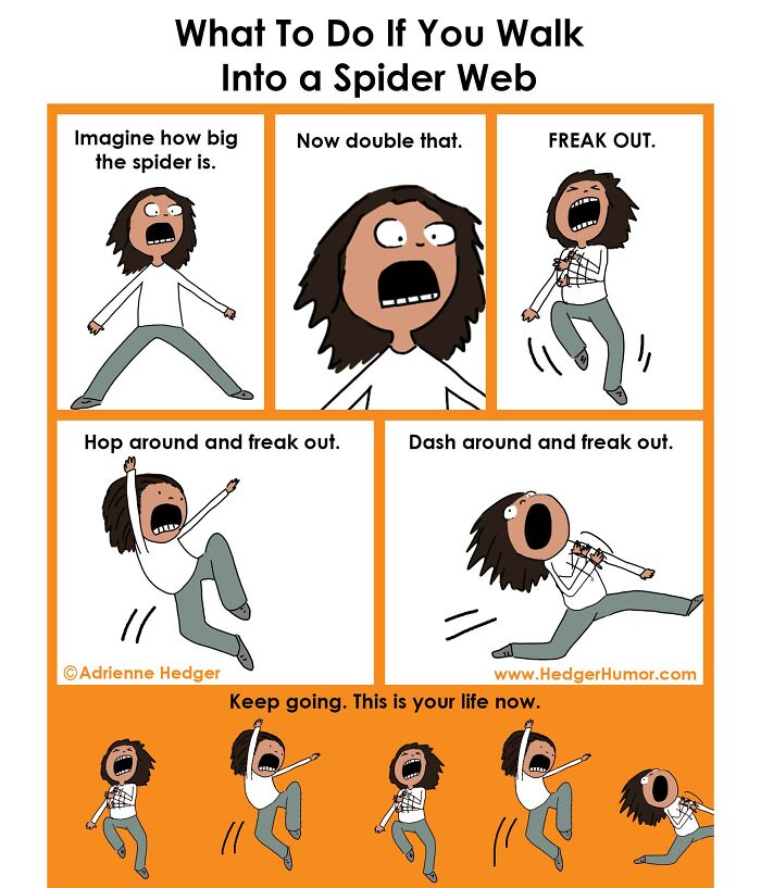 Comic panels showing a character freaking out after walking into a spider web, illustrating relatable struggles of raising kids.
