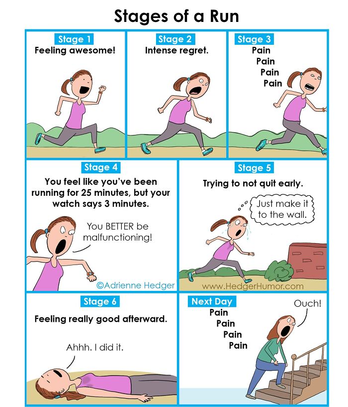 Relatable comic illustrating the joys and struggles of raising kids through humorous running stages and pain.
