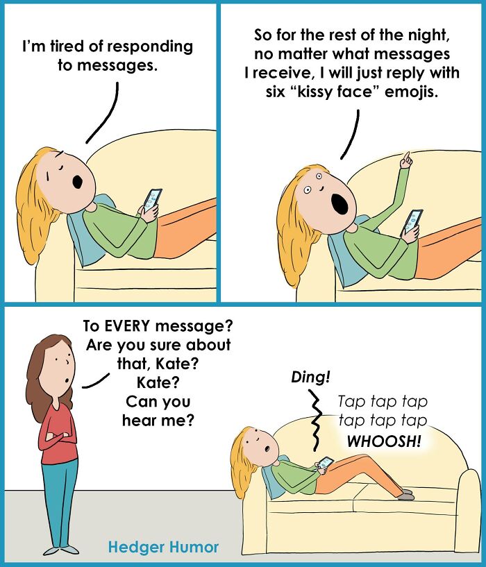 Woman relaxing on couch, overwhelmed by messages, humorously replying with kissy face emojis in relatable parenting comic.