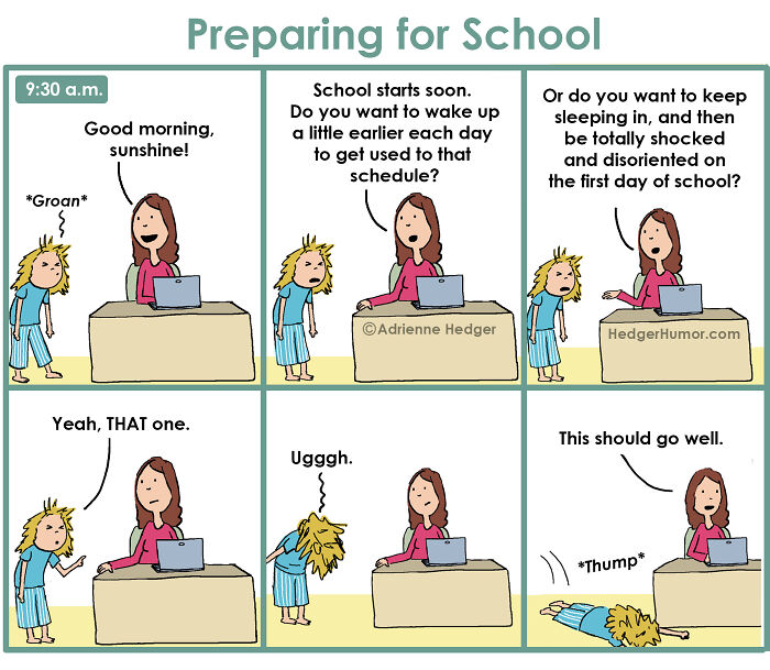 Comic showing relatable struggles of raising kids as a child resists waking up early for school in morning.
