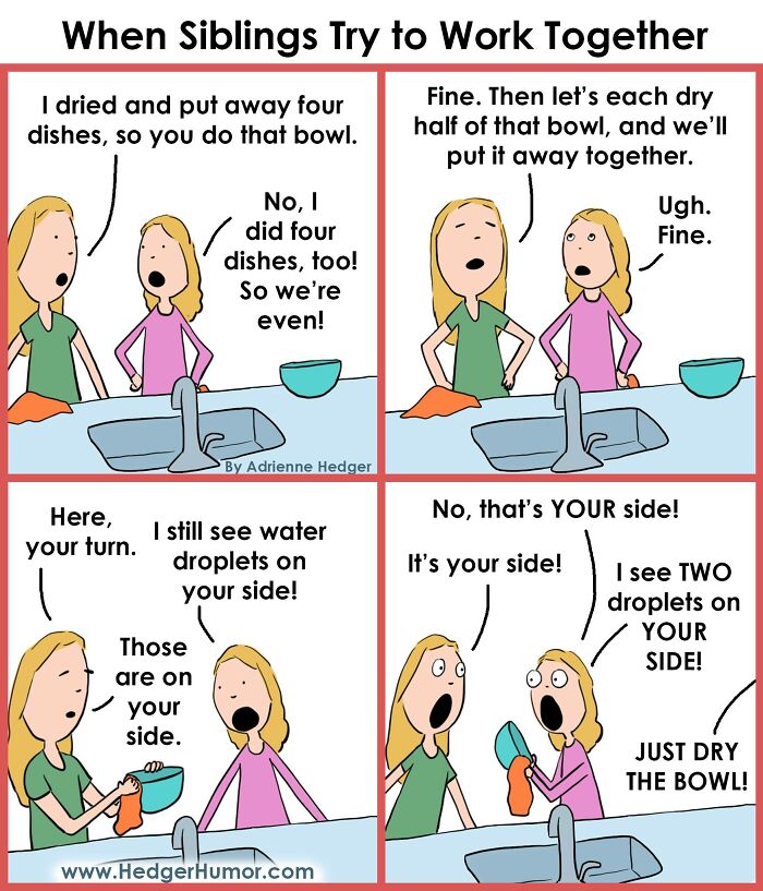 Comic strip showing siblings struggling to work together while drying dishes, capturing relatable parenting moments.