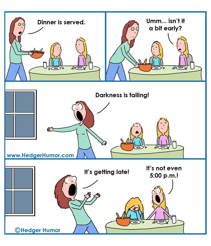 Comic strip showing relatable moments of the joys and struggles of raising kids during early dinner time conversation.