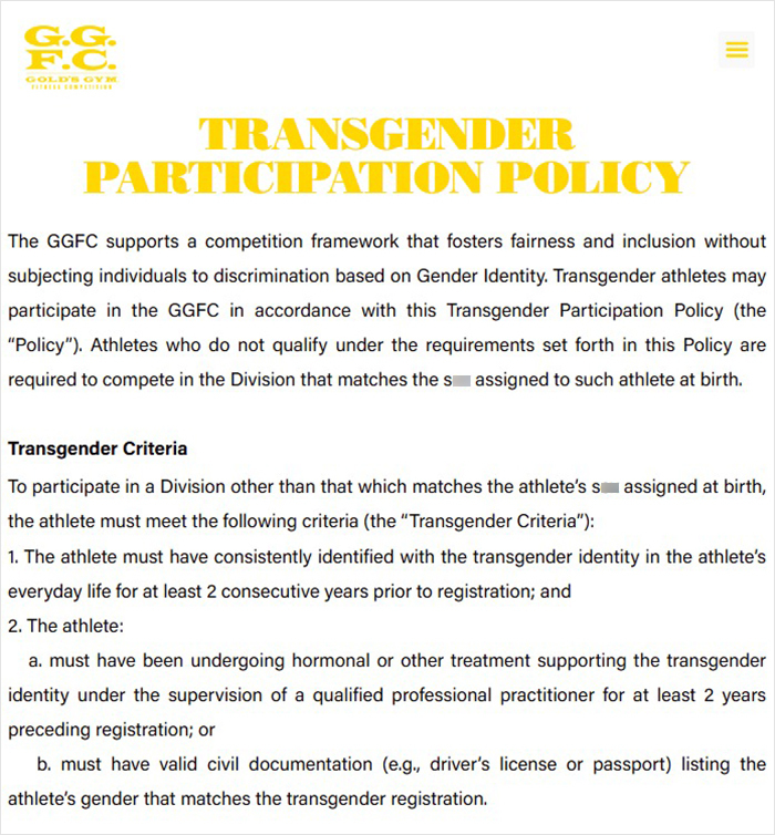 Transgender participation policy at Gold’s Gym outlining criteria for transgender athletes and gender identity inclusion in sports competition. Transgender participation policy at Gold’s Gym outlining criteria for transgender athletes and gender identity inclusion in sports competition.