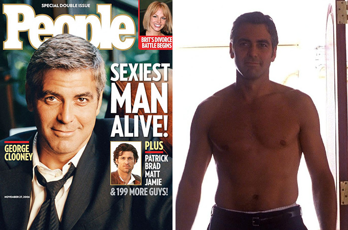 People's Sexiest Man Alive winners George Clooney on magazine cover and shirtless man in dim light doorway.